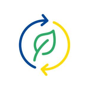 Een circulair logo met een blad en pijlen die hergebruik en recycleerbare materialen promoten.