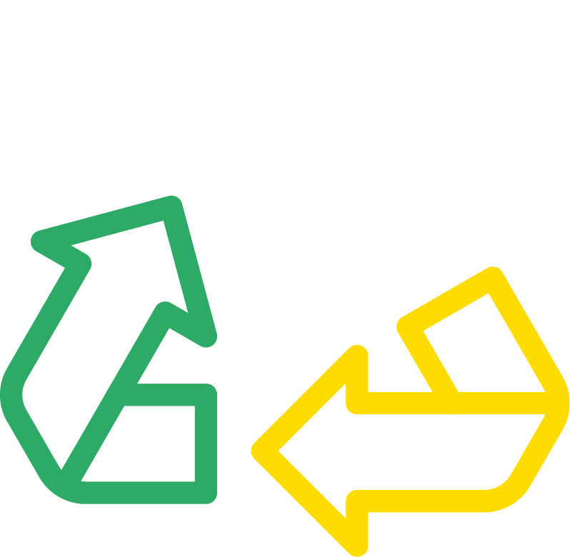 Een groen recyclingpijlsymbool aan de linkerkant en een gele pijl aan de rechterkant, beide met geometrische ontwerpen die duurzame muren voorstellen, weergegeven op een witte achtergrond geïnspireerd door de natuur.
