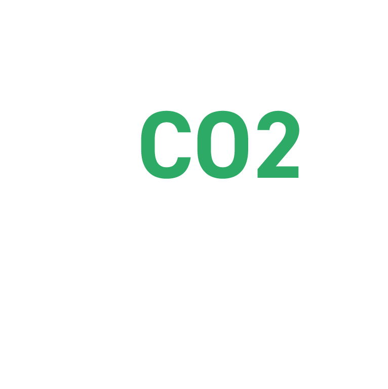 Groene tekst met de tekst 'CO2' op een witte achtergrond, symboliseert koolstofdioxide en benadrukt duurzame wanden of Carbstone-wanden geïnspireerd op de natuur.
