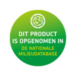 Groene ronde badge met witte en gele tekst: "Dit product is opgenomen in de Nationale Milieudatabase," en een logo in netwerkstijl bovenaan.