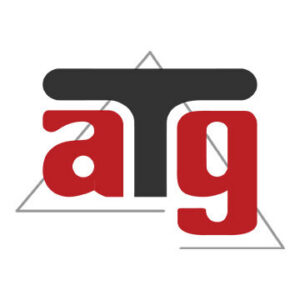 Logo with red lowercase letters "a" and "g" around a bold, black uppercase letter "T", all over a faint grey triangle outline symbolizing sustainable solutions such as bunker silos and retaining walls on a crisp white background.
