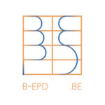 Logo met oranje raster en blauwe gebogen lijnen die gestileerde "B"-vormen vormen, met tekst "B-EPD .BE" onder het ontwerp.