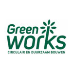 Het logo van Green Works met de tekst "Green Works" en een gestileerde plant, plus de tagline "CIRCULAIR EN DUURZAAM BOUWEN" eronder in groene letters.